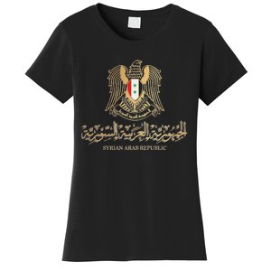 Golden Emblem Of Syria Arab Republic With Syria Flag Sign Women's T-Shirt