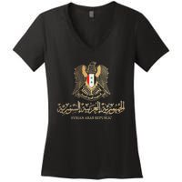 Golden Emblem Of Syria Arab Republic With Syria Flag Sign Women's V-Neck T-Shirt