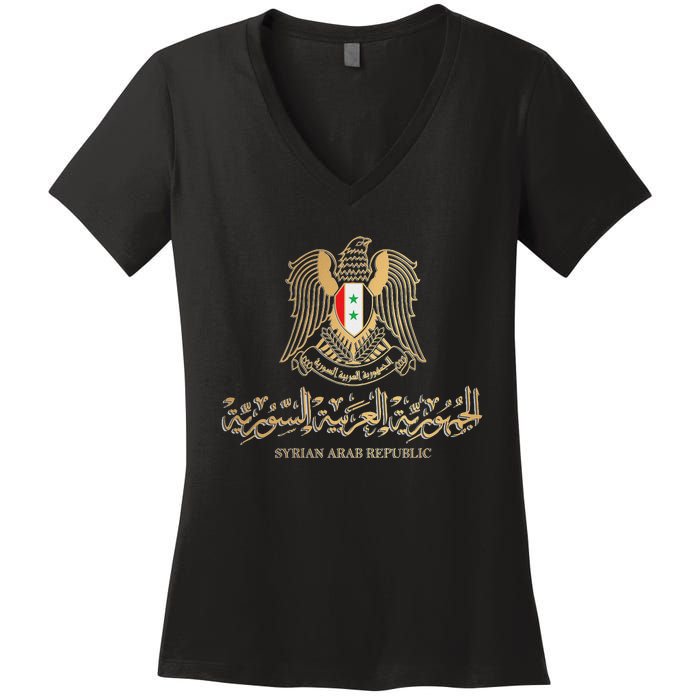 Golden Emblem Of Syria Arab Republic With Syria Flag Sign Women's V-Neck T-Shirt