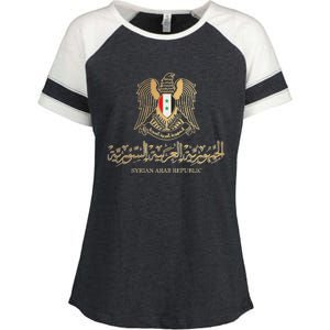 Golden Emblem Of Syria Arab Republic With Syria Flag Sign Enza Ladies Jersey Colorblock Tee