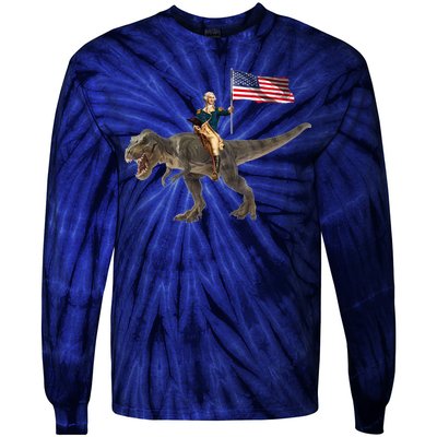 George Washington On A Dinosaur Tie-Dye Long Sleeve Shirt