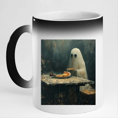 Ghost Eating Pizza Funny Halloween Humor Design Gift 11oz Black Color Changing Mug