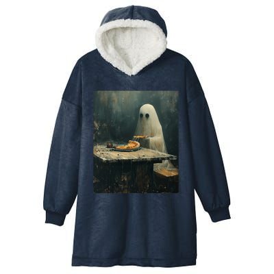 Ghost Eating Pizza Funny Halloween Humor Design Gift Hooded Wearable Blanket