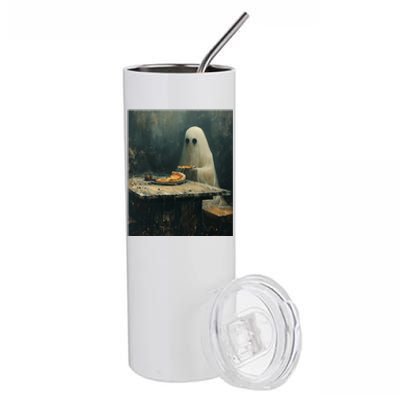 Ghost Eating Pizza Funny Halloween Humor Design Gift Stainless Steel Tumbler