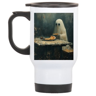 Ghost Eating Pizza Funny Halloween Humor Design Gift Stainless Steel Travel Mug