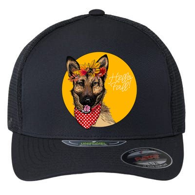 German Shepherd Dog Autumn Leaves Crown Hello Fall Flexfit Unipanel Trucker Cap