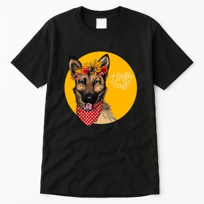 German Shepherd Dog Autumn Leaves Crown Hello Fall Tall T-Shirt