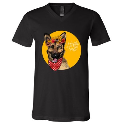 German Shepherd Dog Autumn Leaves Crown Hello Fall V-Neck T-Shirt