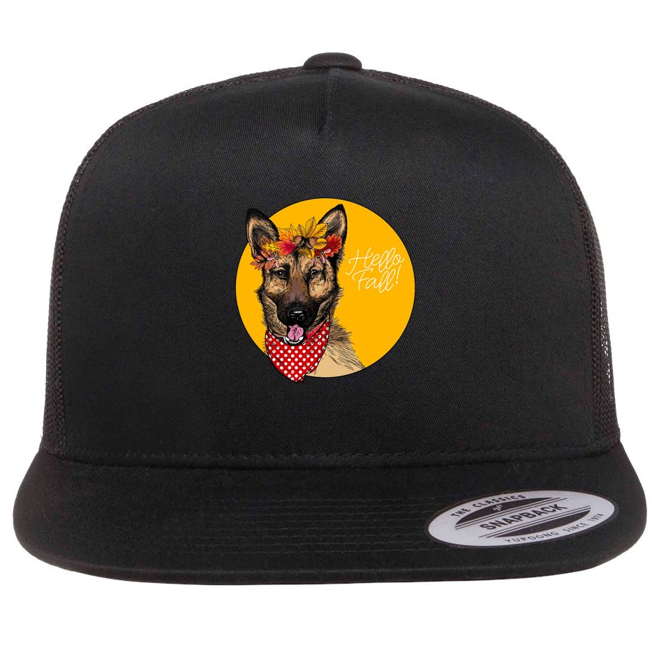 German Shepherd Dog Autumn Leaves Crown Hello Fall Flat Bill Trucker Hat