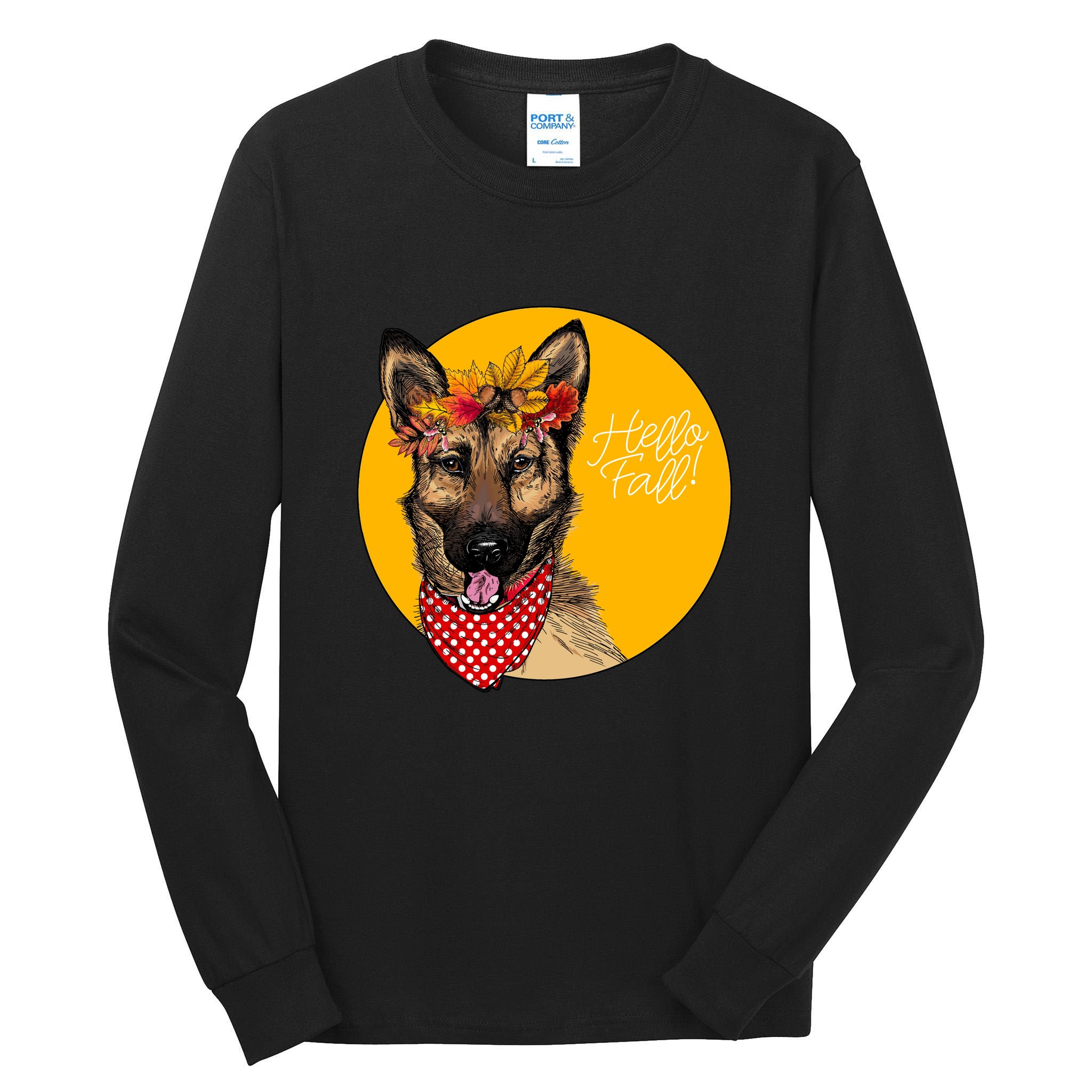 German Shepherd Dog Autumn Leaves Crown Hello Fall Tall Long Sleeve T-Shirt