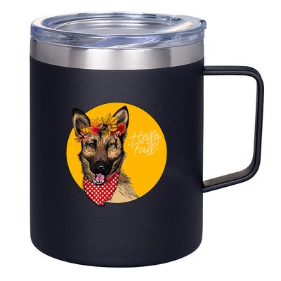 German Shepherd Dog Autumn Leaves Crown Hello Fall 12oz Stainless Steel Coffee Mug