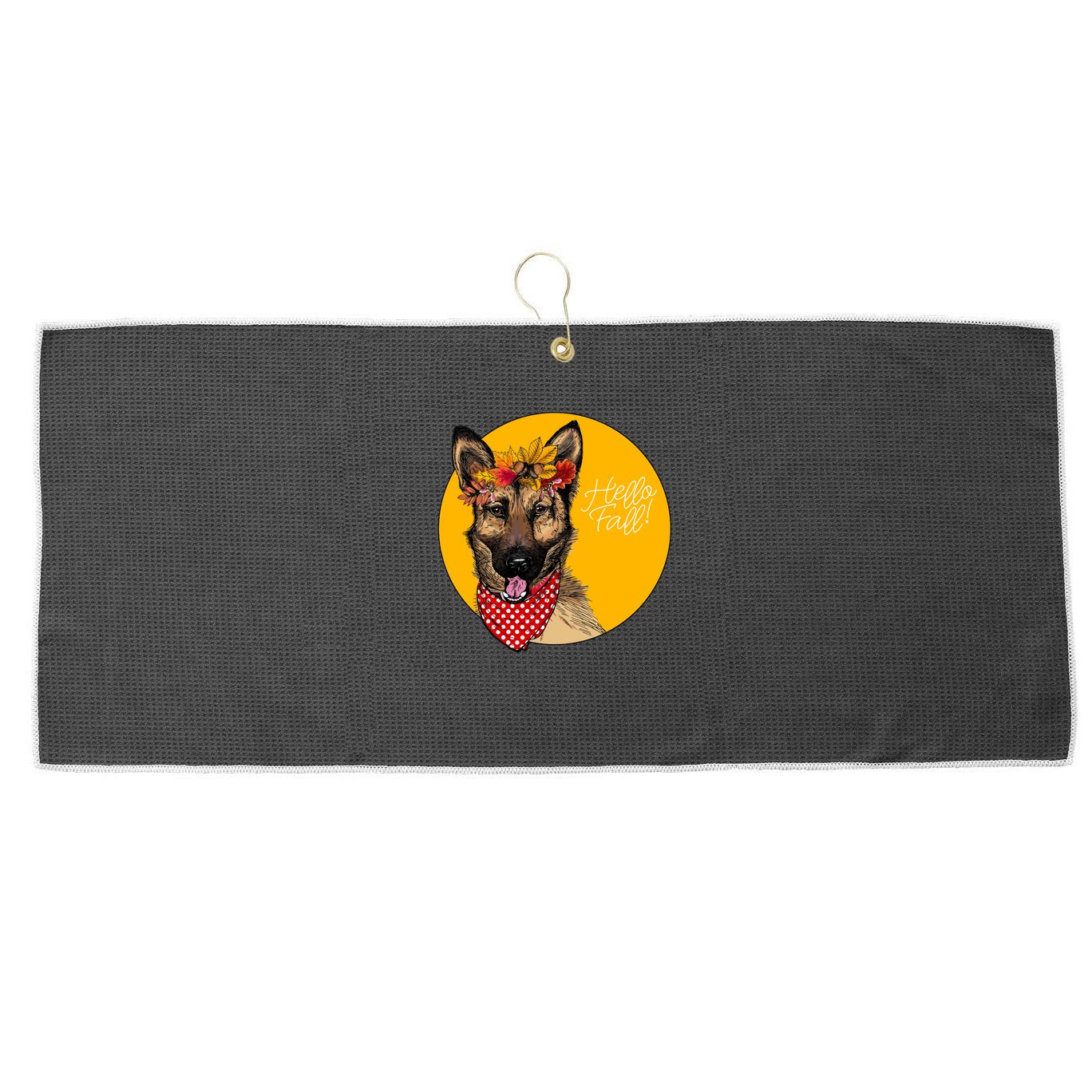 German Shepherd Dog Autumn Leaves Crown Hello Fall Large Microfiber Waffle Golf Towel