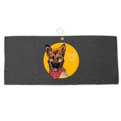 German Shepherd Dog Autumn Leaves Crown Hello Fall Large Microfiber Waffle Golf Towel