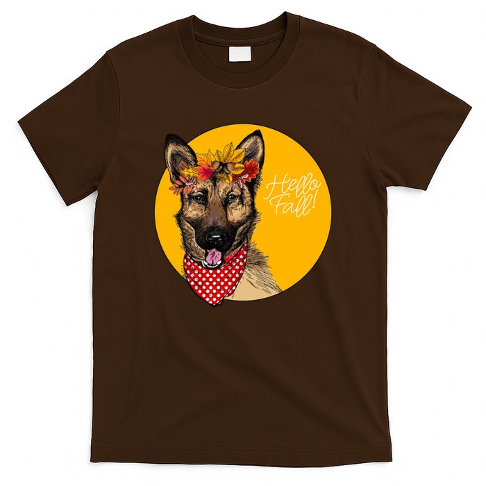German Shepherd Dog Autumn Leaves Crown Hello Fall T-Shirt