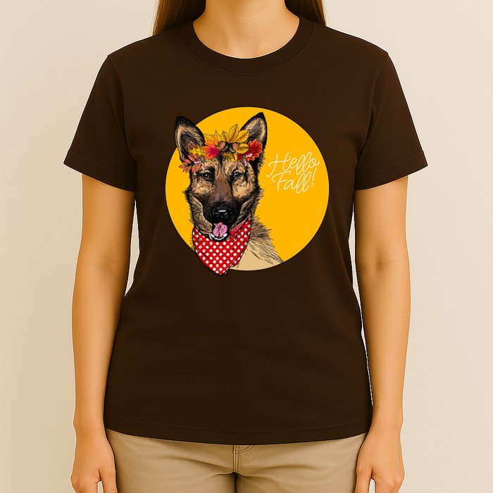 German Shepherd Dog Autumn Leaves Crown Hello Fall T-Shirt