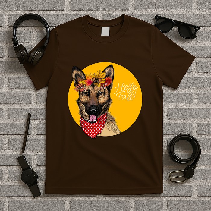 German Shepherd Dog Autumn Leaves Crown Hello Fall T-Shirt