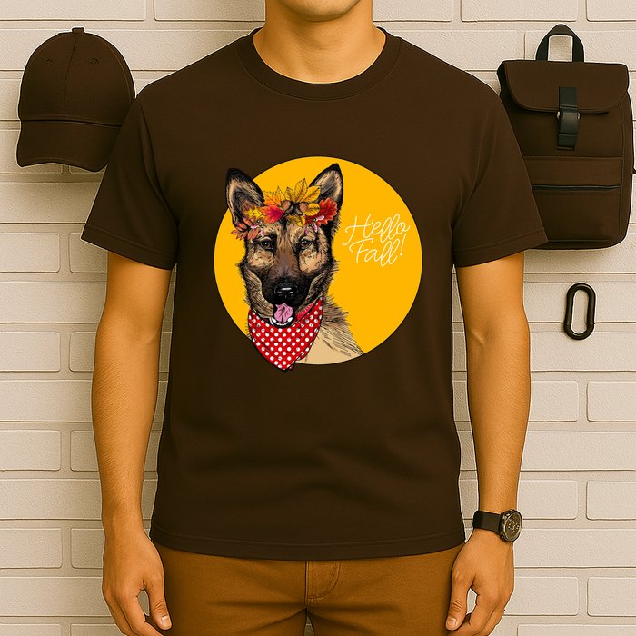 German Shepherd Dog Autumn Leaves Crown Hello Fall T-Shirt