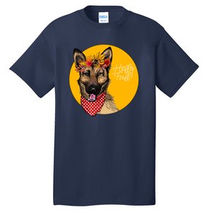 German Shepherd Dog Autumn Leaves Crown Hello Fall Tall T-Shirt