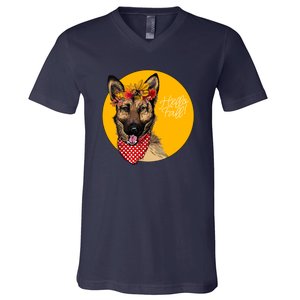 German Shepherd Dog Autumn Leaves Crown Hello Fall V-Neck T-Shirt