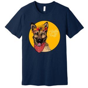 German Shepherd Dog Autumn Leaves Crown Hello Fall Premium T-Shirt