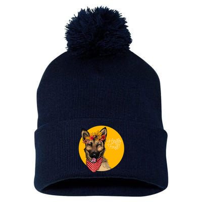 German Shepherd Dog Autumn Leaves Crown Hello Fall Pom Pom 12in Knit Beanie