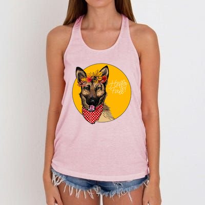 German Shepherd Dog Autumn Leaves Crown Hello Fall Women's Knotted Racerback Tank