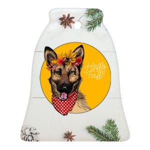 German Shepherd Dog Autumn Leaves Crown Hello Fall Ceramic Bell Ornament