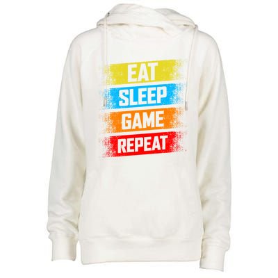 Gaming Eat Sleep Game Repeat Teen Adults Gift Womens Funnel Neck Pullover Hood