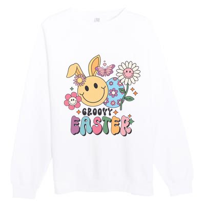 Groovy Easter Smile Flower Bunny Smiling Face Easter Day Gift Idea Premium Crewneck Sweatshirt