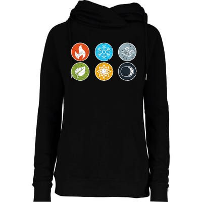 Gloomhaven Elements Symbol Fire Ice Air Earth Light Dark Womens Funnel Neck Pullover Hood