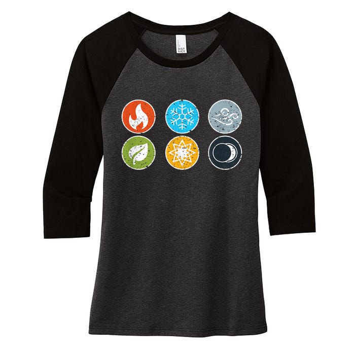 Gloomhaven Elements Symbol Fire Ice Air Earth Light Dark Women's Tri-Blend 3/4-Sleeve Raglan Shirt