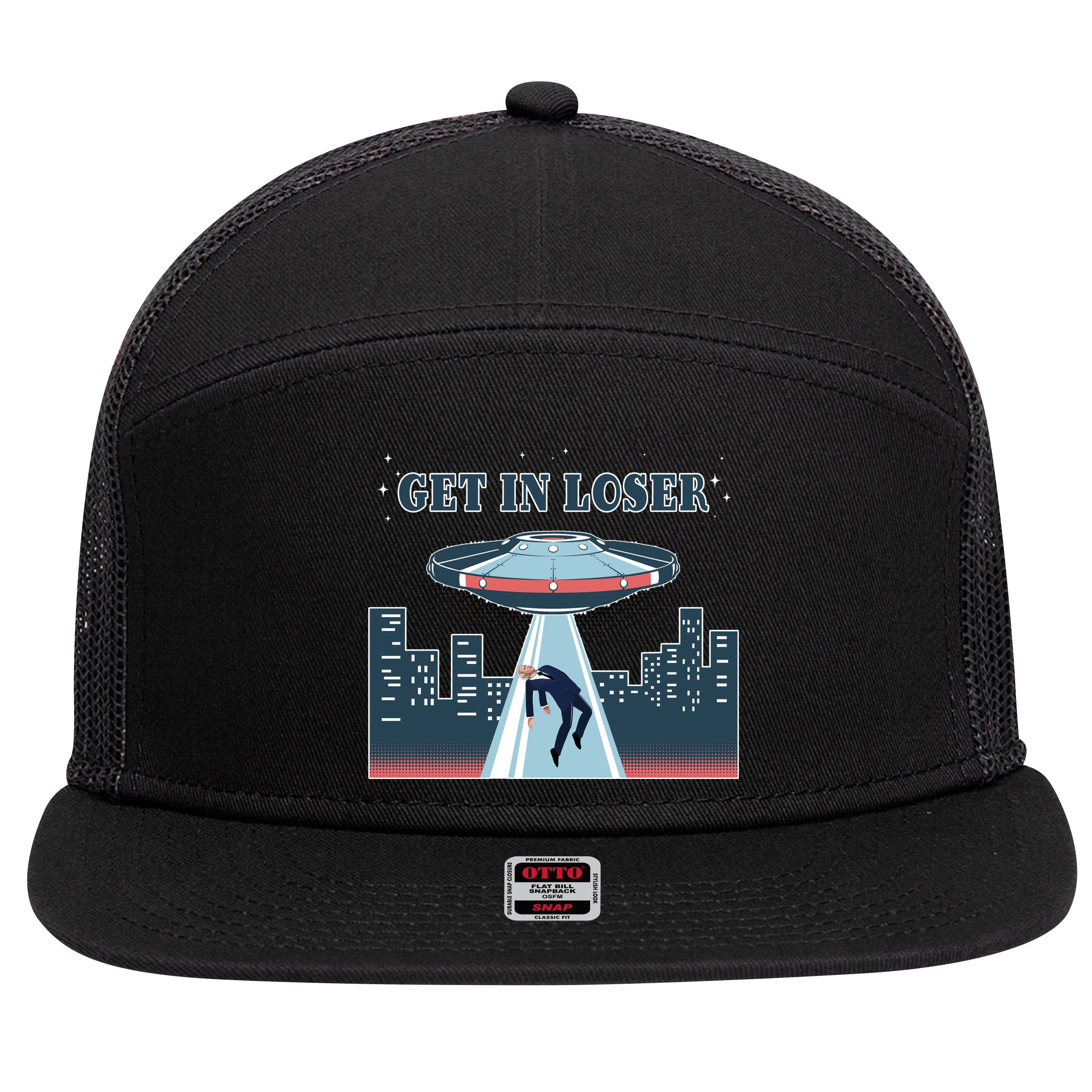 Get In Loser Anti Joe Biden UFO Abduction 7 Panel Mesh Trucker Snapback Hat