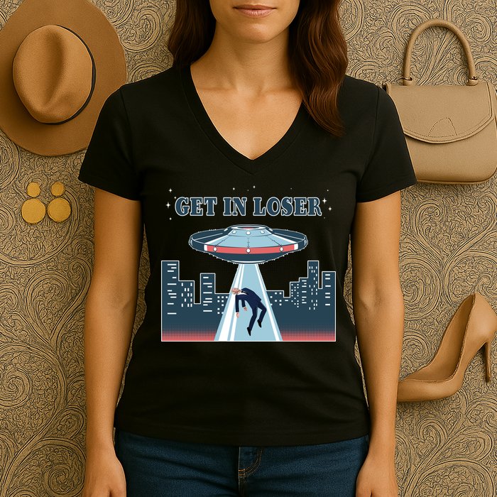 Get In Loser Anti Joe Biden UFO Abduction Women's V-Neck T-Shirt