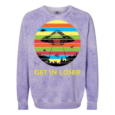 Get In Loser UFO Retro Alien Spaceship Colorblast Crewneck Sweatshirt