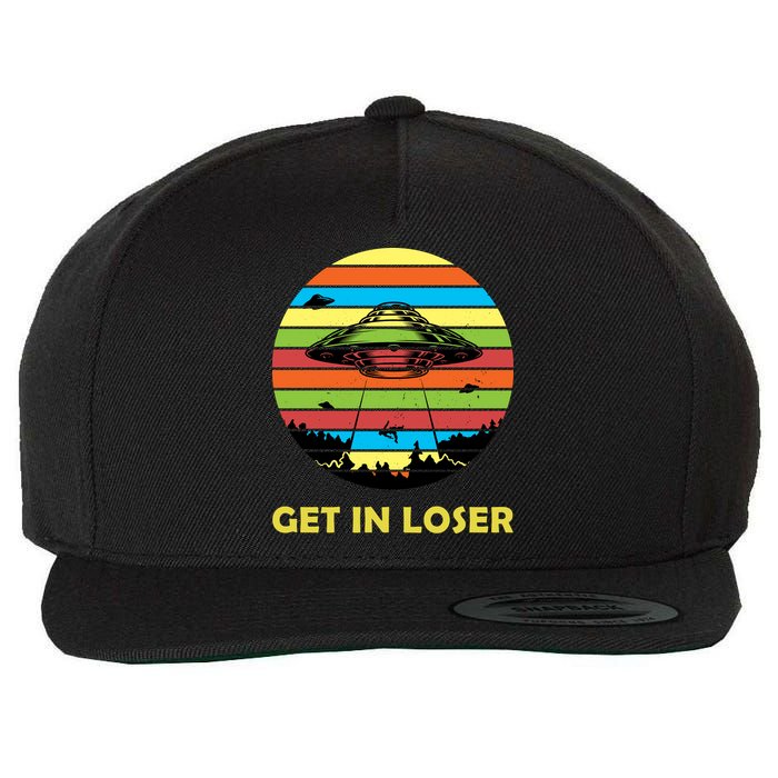Get In Loser UFO Retro Alien Spaceship Wool Snapback Cap