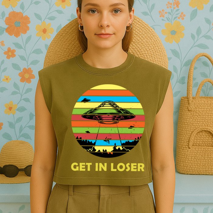 Get In Loser UFO Retro Alien Spaceship Garment-Dyed Women's Muscle Tee