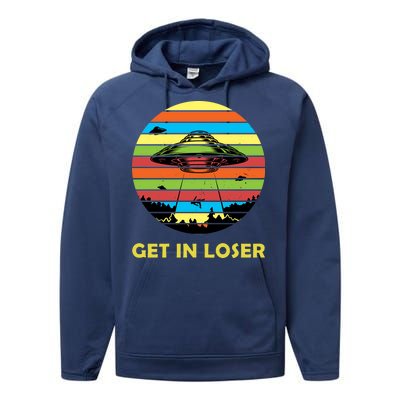 Get In Loser UFO Retro Alien Spaceship Performance Fleece Hoodie