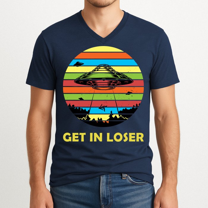 Get In Loser UFO Retro Alien Spaceship V-Neck T-Shirt