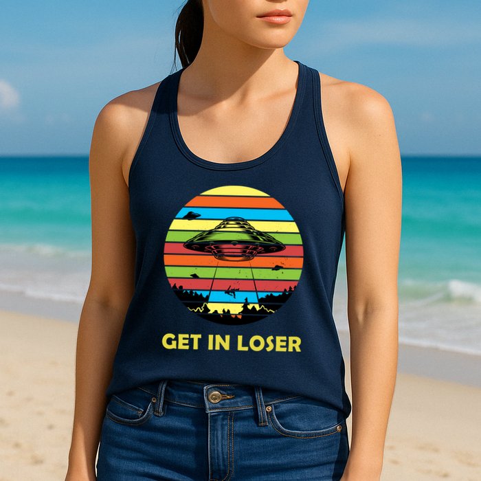 Get In Loser UFO Retro Alien Spaceship Womens Tank Top