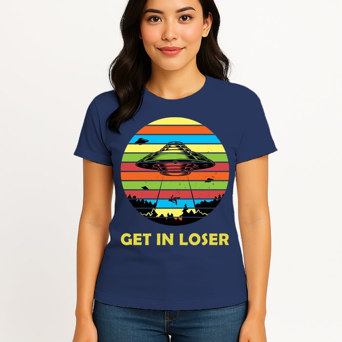 Get In Loser UFO Retro Alien Spaceship Womens T-Shirt