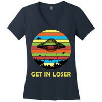 Get In Loser UFO Retro Alien Spaceship Women's V-Neck T-Shirt