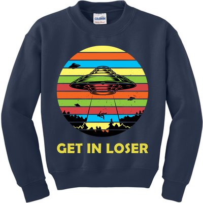 Get In Loser UFO Retro Alien Spaceship Kids Sweatshirt