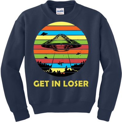 Get In Loser UFO Retro Alien Spaceship Kids Sweatshirt