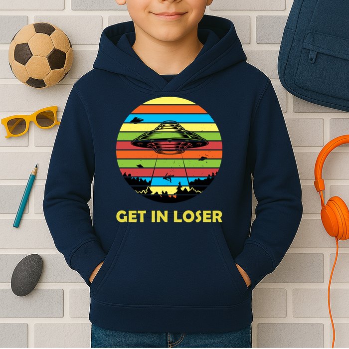 Get In Loser UFO Retro Alien Spaceship Kids Hoodie