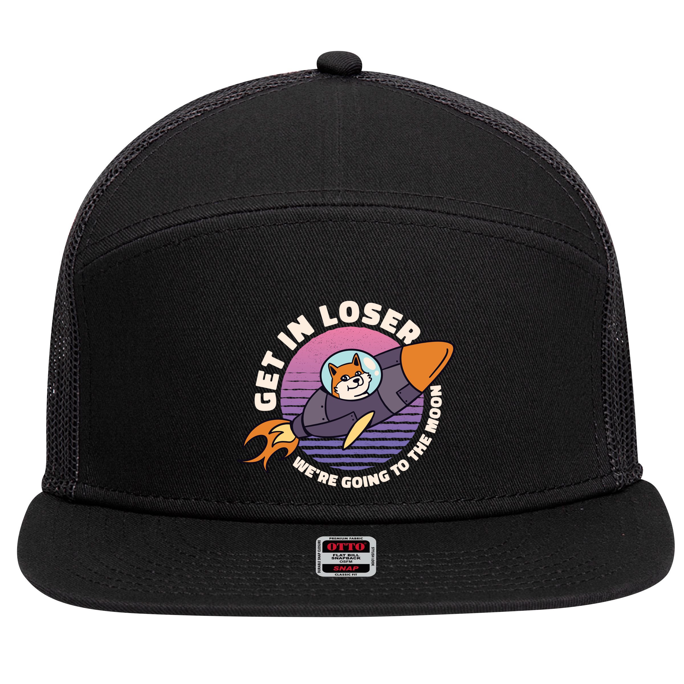 Get In Loser We're Going To The Moon 7 Panel Mesh Trucker Snapback Hat