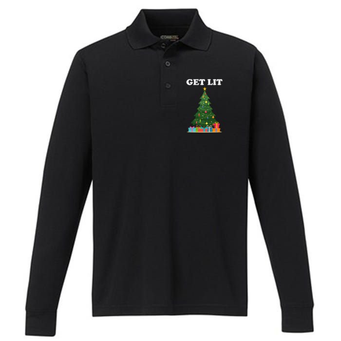 Get Lit Funny Christmas Performance Long Sleeve Polo