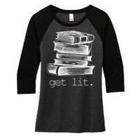 Get Lit Read Books Women's Tri-Blend 3/4-Sleeve Raglan Shirt