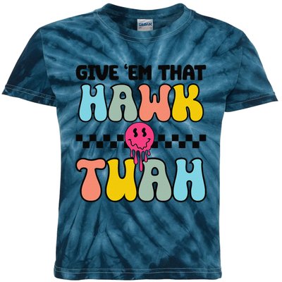 Give Em That Hawk Tuah Groovy Smile Face Hawk Tush Parody Kids Tie-Dye T-Shirt