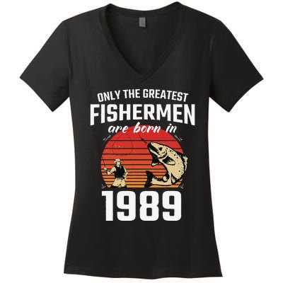 Gift For 33 Year Old Fishing Fisherman 1989 33th Birthday Women's V-Neck T-Shirt