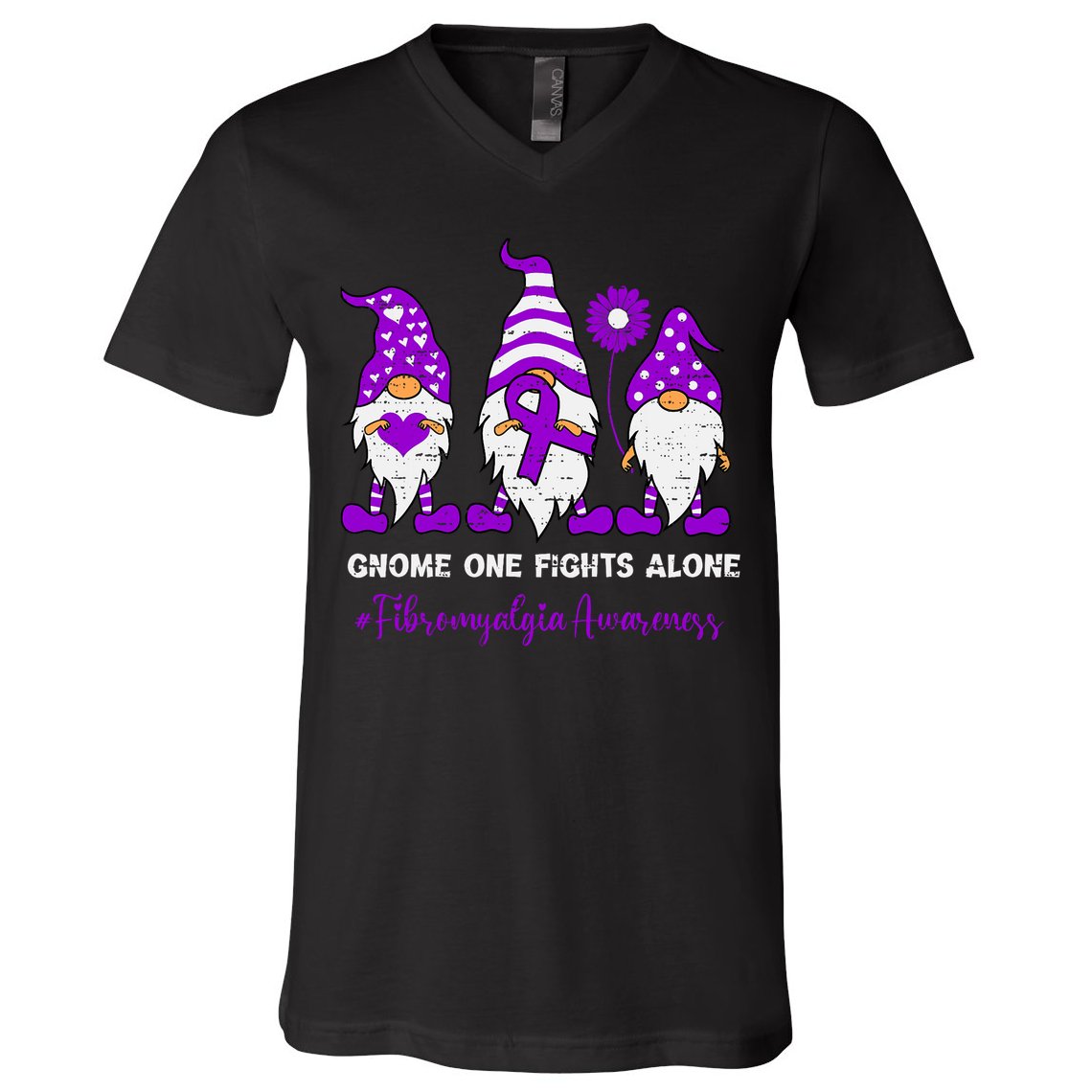 Gnome Fibromyalgia Awareness Fibro Ribbon Purple Support V-Neck T-Shirt
